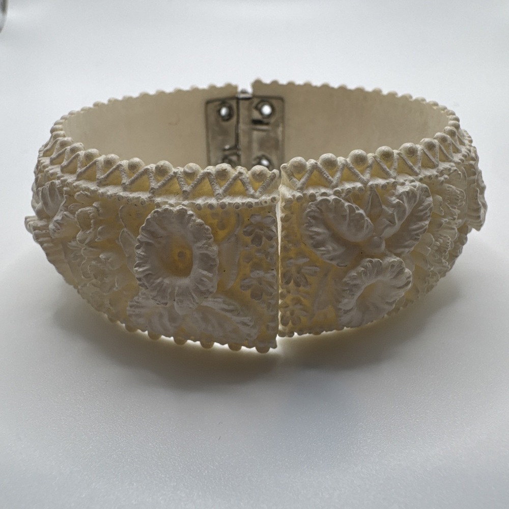 Vintage Celluloid Clamper Bracelet Floral Carved Molded Ivory Color